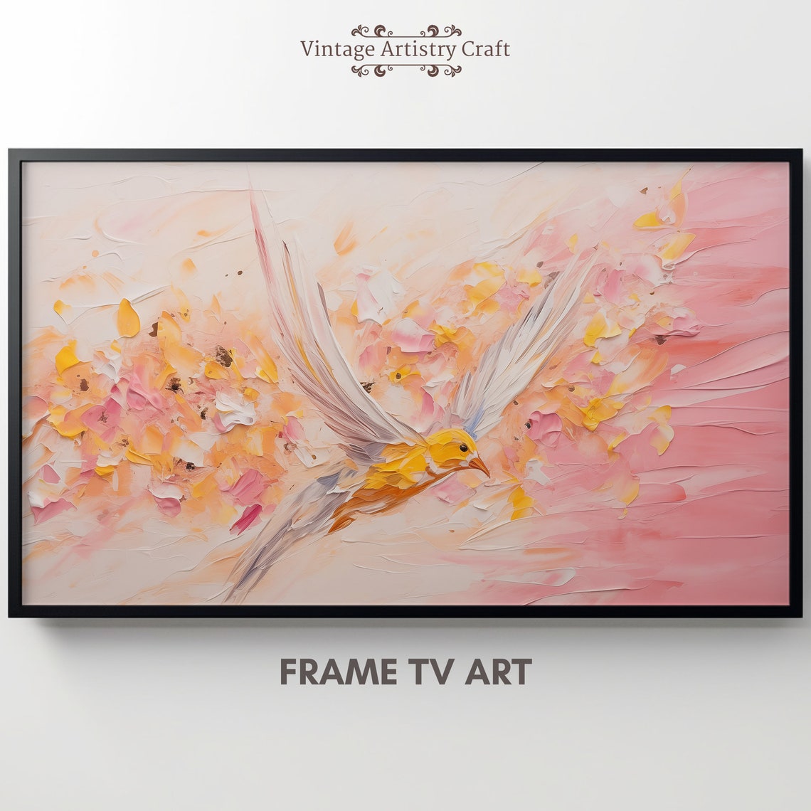 Golden Bird in Flight Pink Blossom Abstract Impasto Art Poster