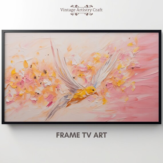 Golden Bird in Flight Pink Blossom Abstract Impasto Art Poster