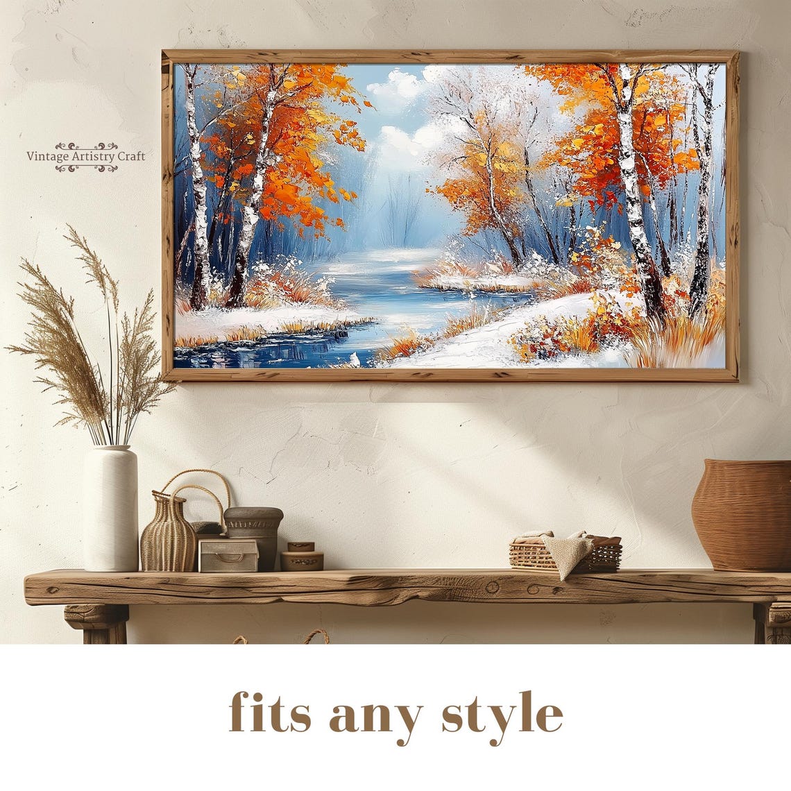Snowy Birch Forest River Autumn Snow Impressionist Art Poster - Image 8