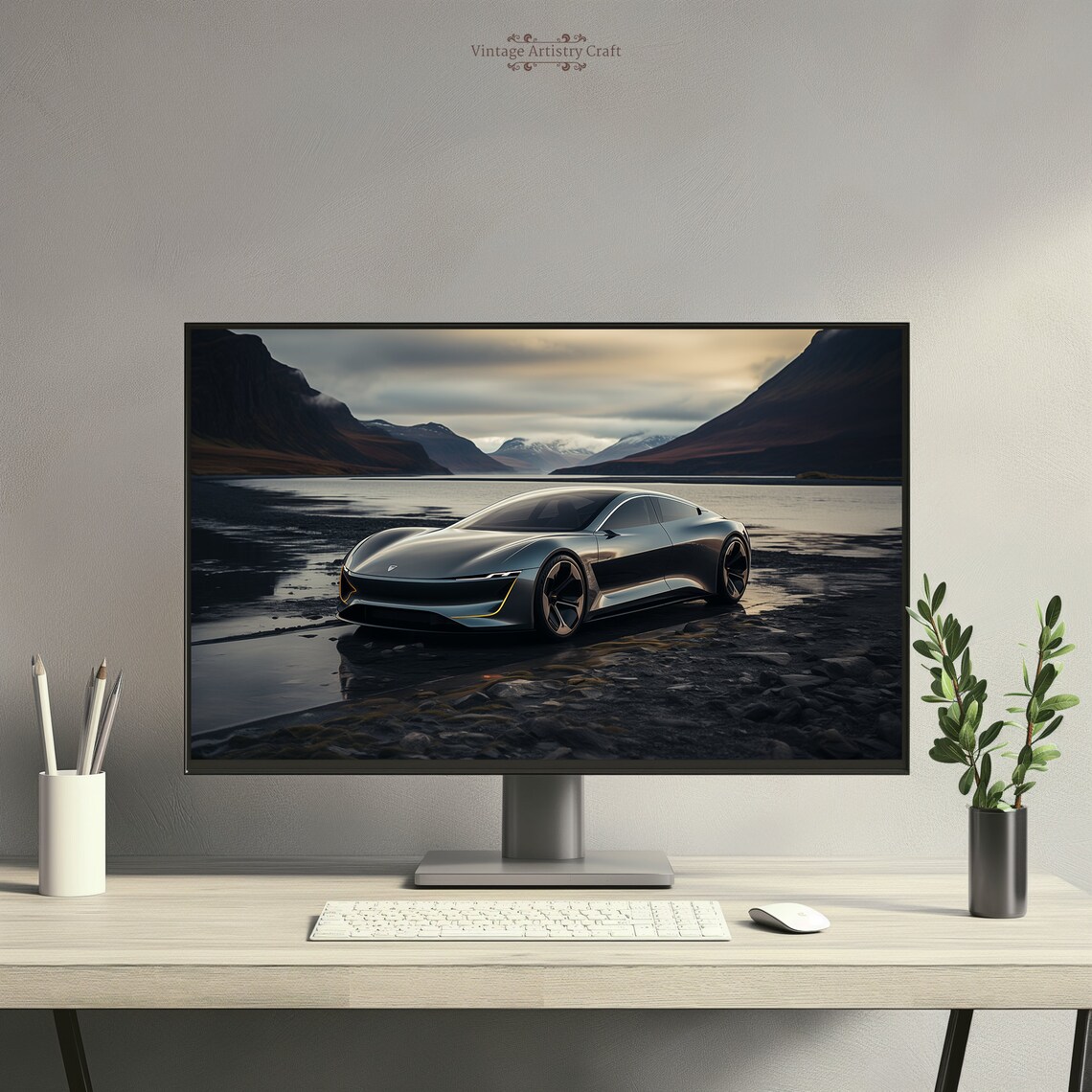 Silver Futuristic Sports Car Mountain Lake Desktop Wallpaper Print - Image 5