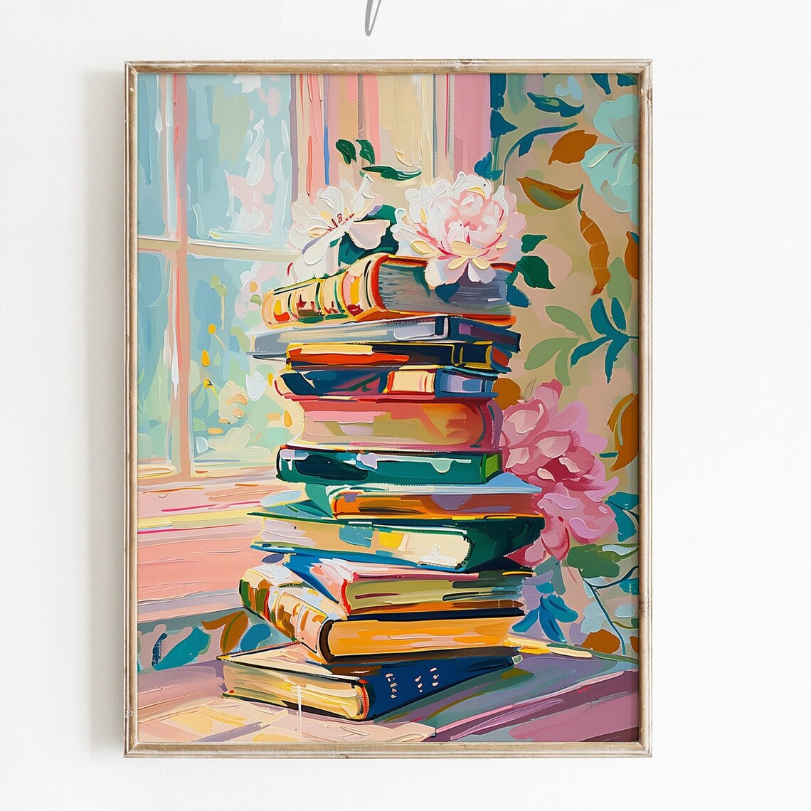 Pink Book Lover Floral Stack of Books Art Print