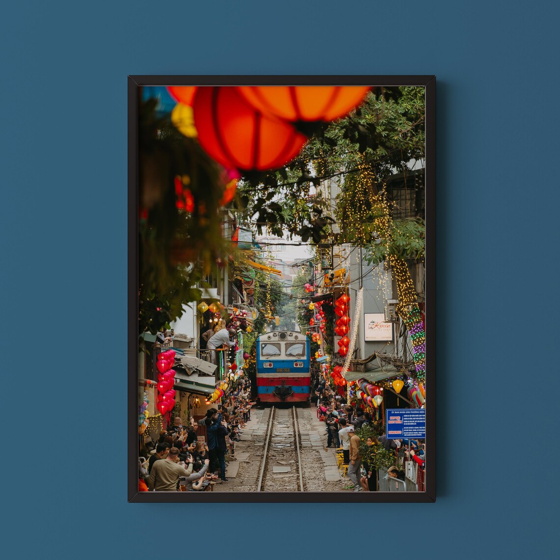 Hanoi Train Street Vietnam Photography Crowded Lantern Alley Train Passing Wall Art