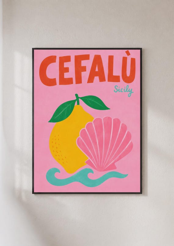 Cefalu Sicily Travel Poster Lemon And Seashell Wall Art Italian Coastal Print