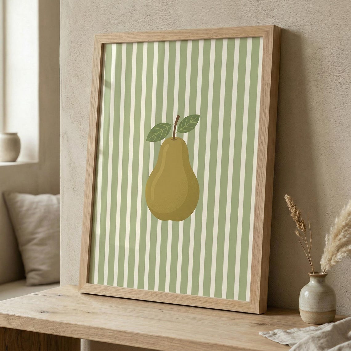 Minimalist Pear Green Stripe Modern Fruit Kitchen Art Poster