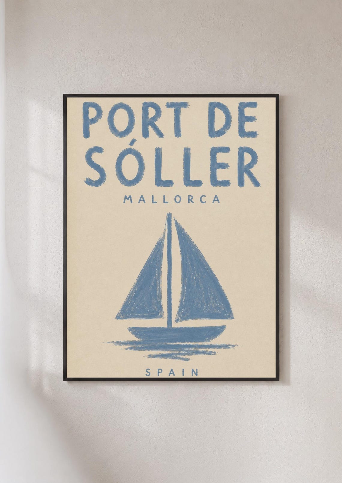 Port De Soller Mallorca Spain Blue Sailboat Retro Nautical Art Poster