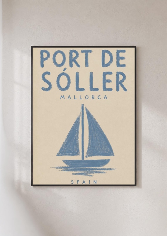 Port De Soller Mallorca Spain Blue Sailboat Retro Nautical Art Poster