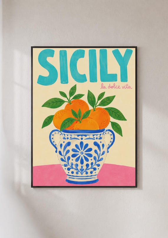 Sicily La Dolce Vita Poster Italian Orange Fruit Print Colourful Kitchen Wall Art