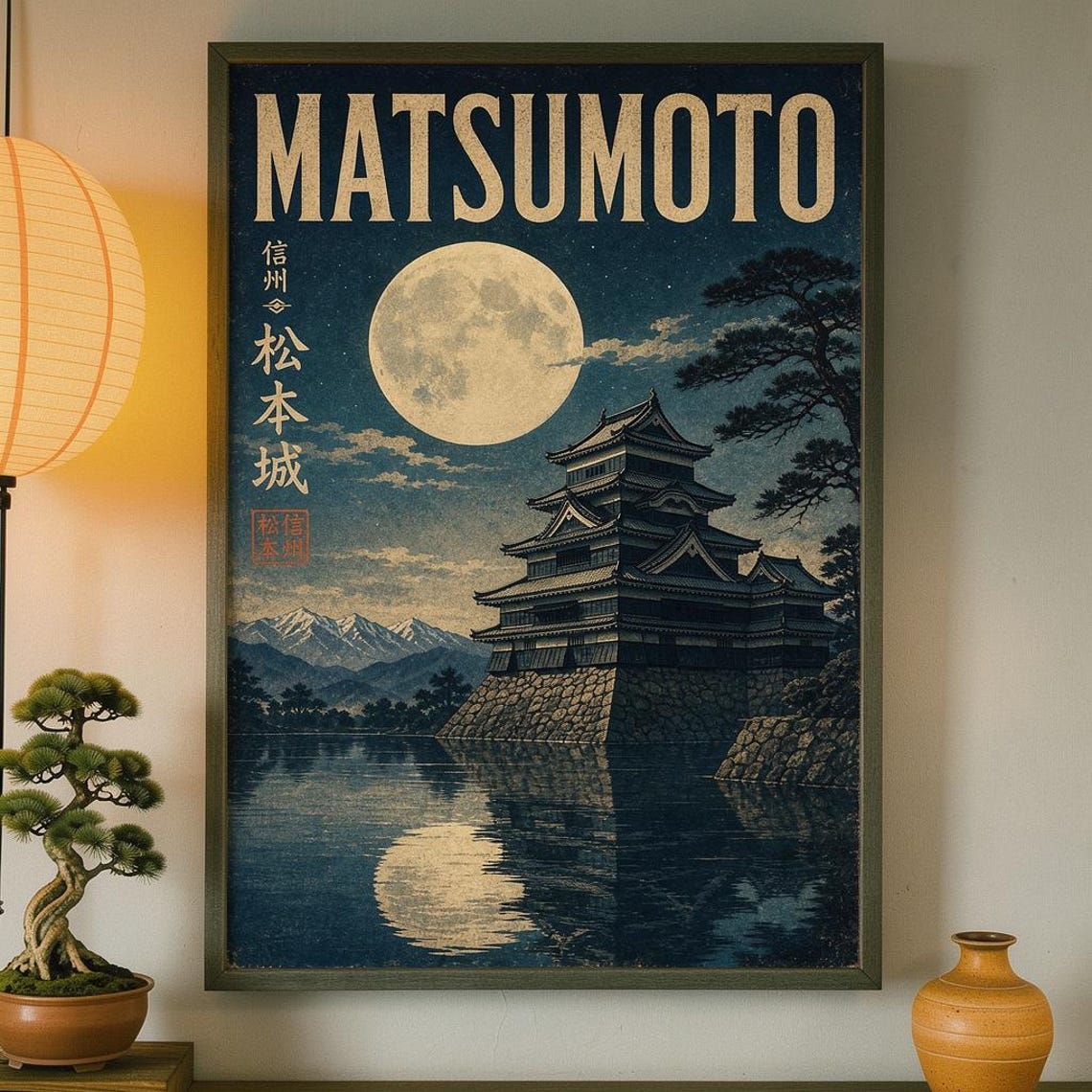 Matsumoto Castle Moonlight Poster Vintage Japanese Night Castle Decor