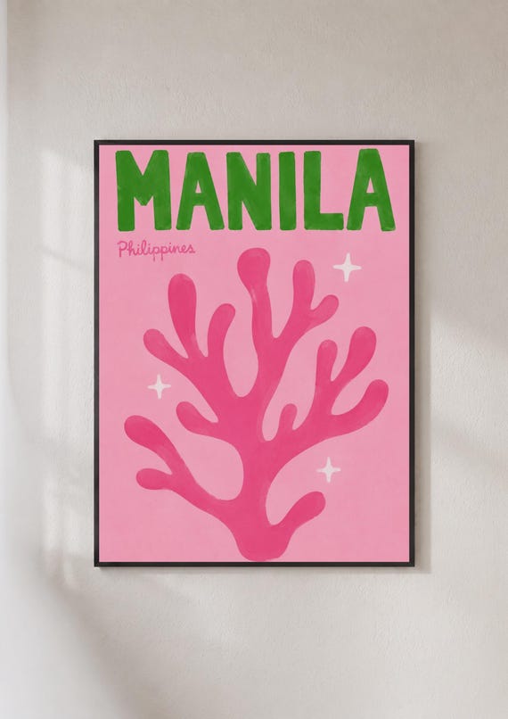 Manila Philippines Travel Poster Coral Wall Art Pink Green Retro Print Tropical