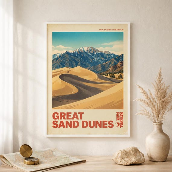 Sand Dunes National Park Print Vintage Colorado Travel Desert Landscape Poster