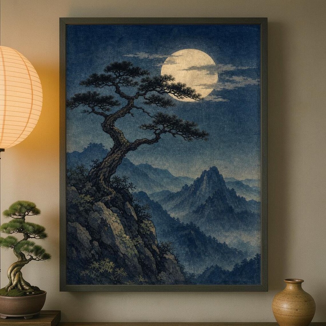 Japanese Moonlit Mountain Pine Cliff Indigo Night Art Poster