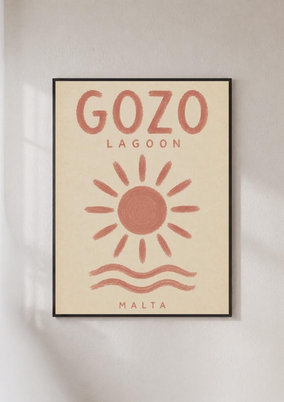 Gozo Lagoon Malta Travel Poster Terracotta Sun Wall Art Mediterranean Print
