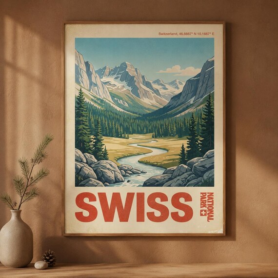 Swiss National Park Switzerland Alps Mountain Vintage Travel Poster