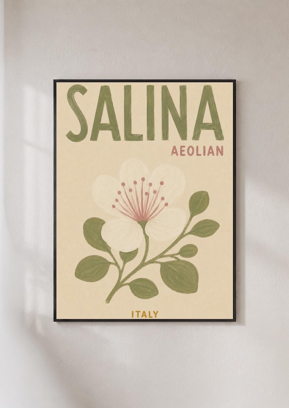 Salina Aeolian Italy Travel Poster White Caper Flower Botanical Art