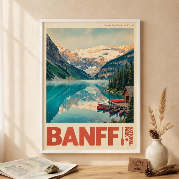 Banff National Park Canada Vintage Poster Turquoise Lake and Canoes