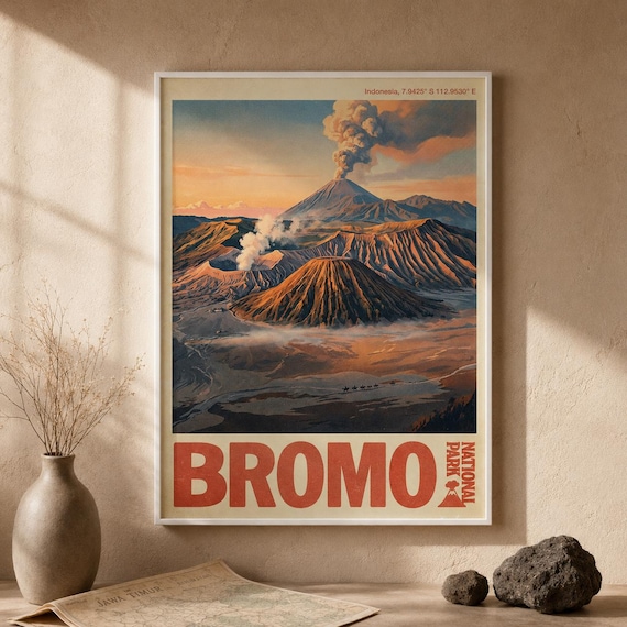 Mount Bromo National Park Indonesia Volcano Vintage Travel Poster