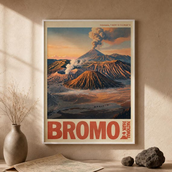 Mount Bromo National Park Print Vintage Indonesia Travel Poster