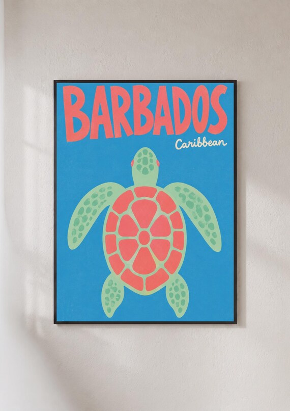 Barbados Caribbean Colorful Sea Turtle Ocean Travel Art Poster