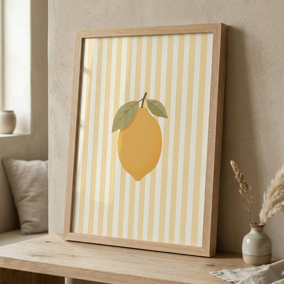 Minimalist Lemon Print Yellow Stripe Kitchen Wall Art Mediterranean Illustration