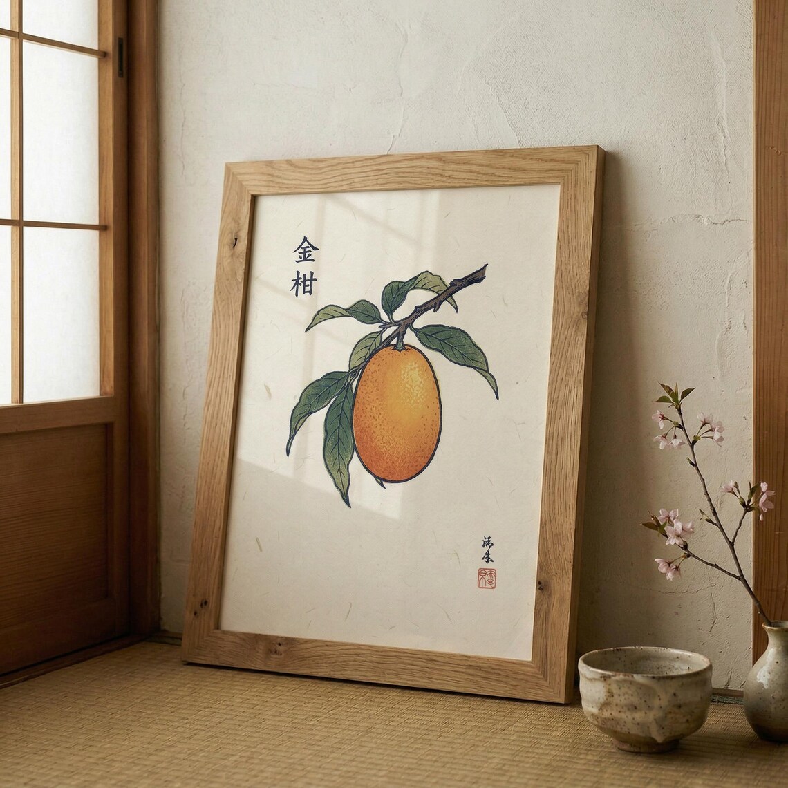 Japanese Kumquat Botanical Poster Orange Fruit Woodblock Kitchen Art