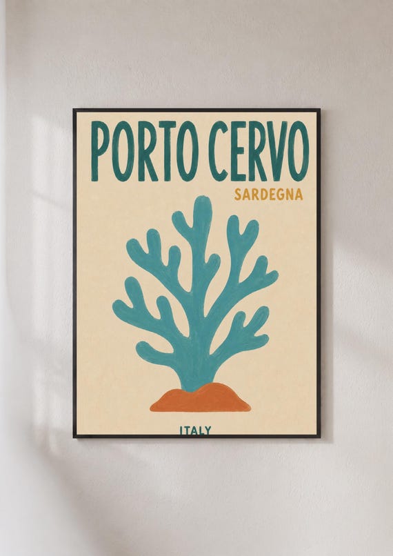 Porto Cervo Sardinia Travel Poster Italy Wall Art Coral Print Retro Mediterranean Decor