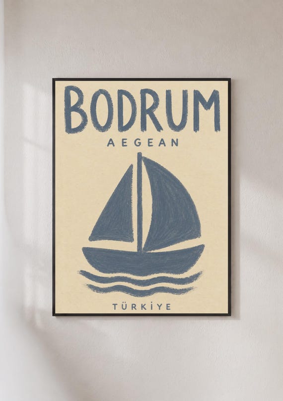 Bodrum Turkey Travel Poster Aegean Sailboat Print Nautical Wall Art Vintage Turkish Coast