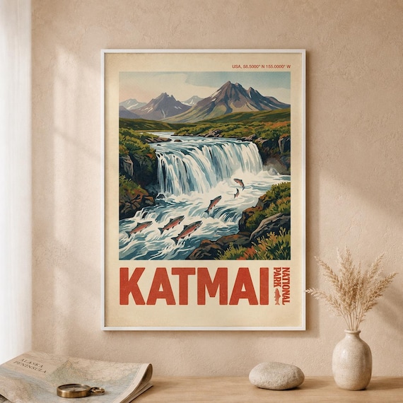 Katmai National Park Alaska Waterfall Leaping Salmon Travel Poster