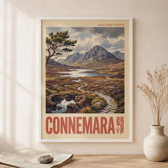 Connemara National Park Print Vintage Ireland Travel Poster County Galway Landscape Wall Art