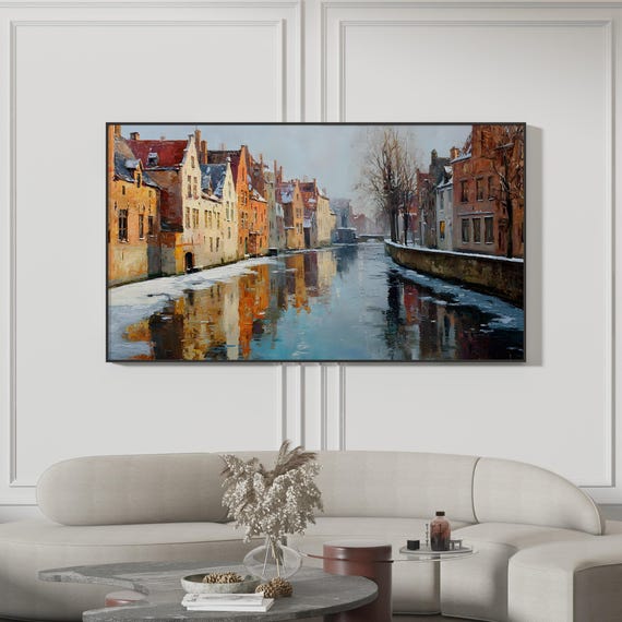 Samsung Frame Tv Art Winter Canal Oil Painting Vintage European Cityscape Snowy River Brick Buildings Moody Rustic Holiday Decor