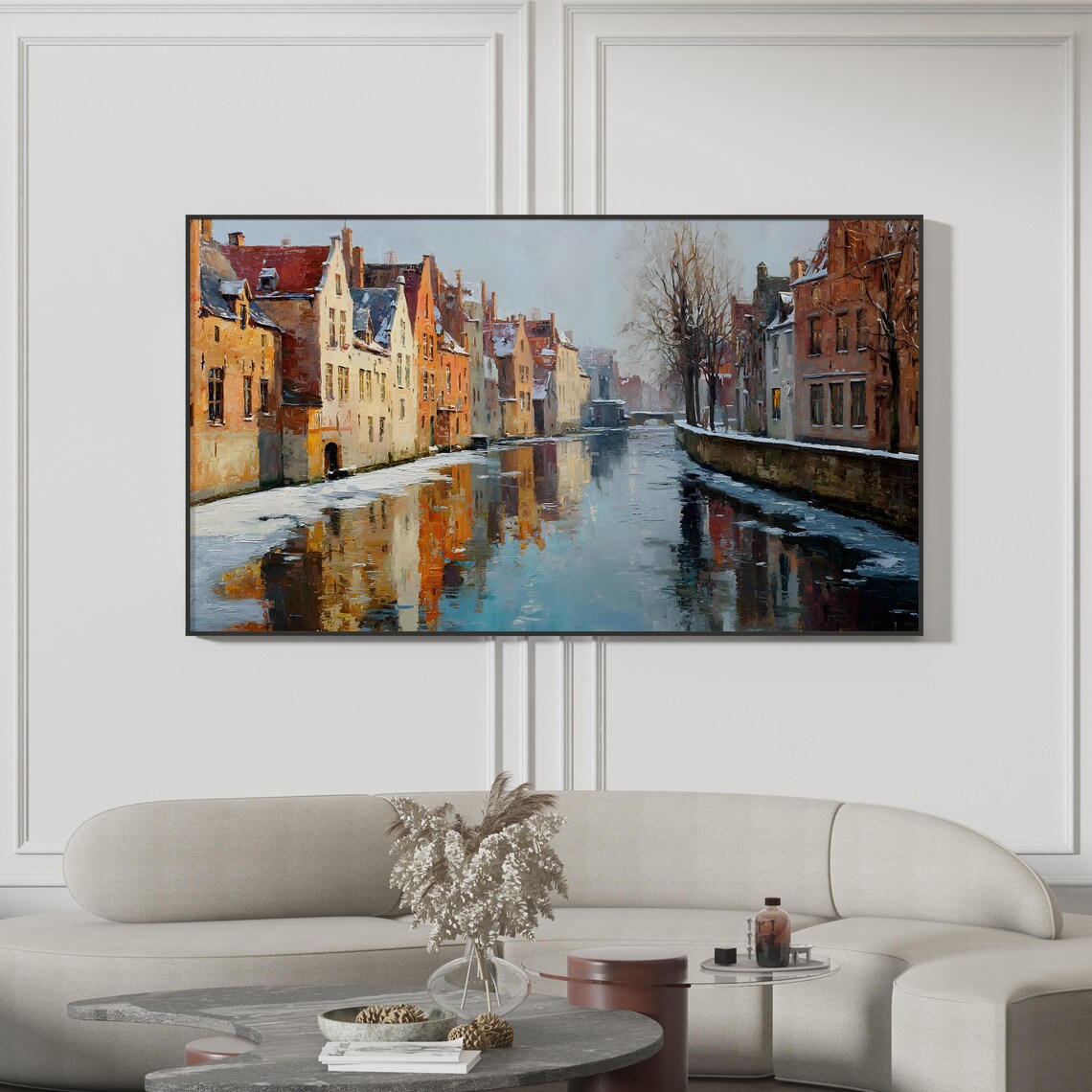 Winter Canal Cityscape Painting Poster Snowy European Street Oil Art Decor
