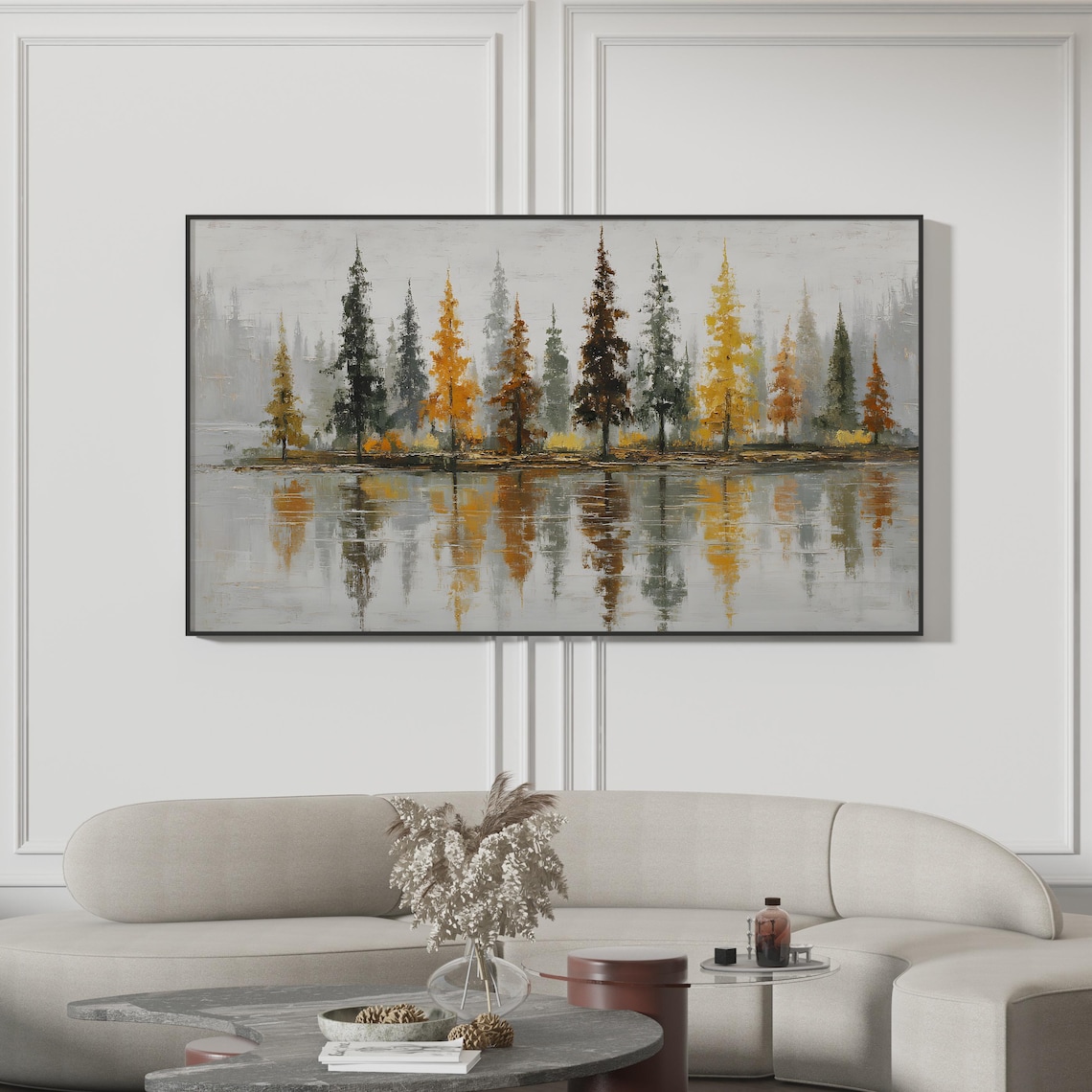 Autumn Pine Forest Lake Golden Reflection Misty Painting Print