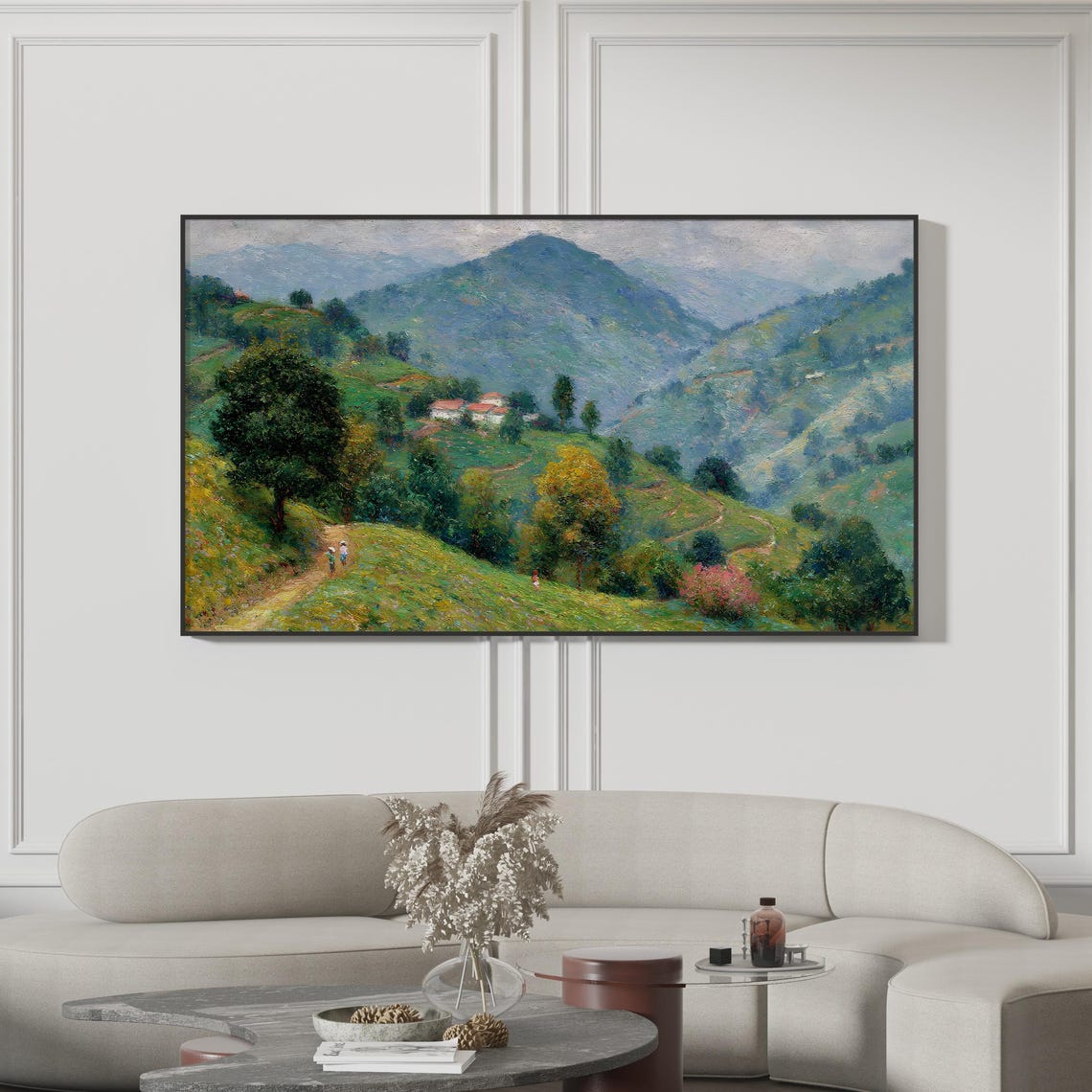 Hillside Village Green Mountains Impressionist Landscape Print
