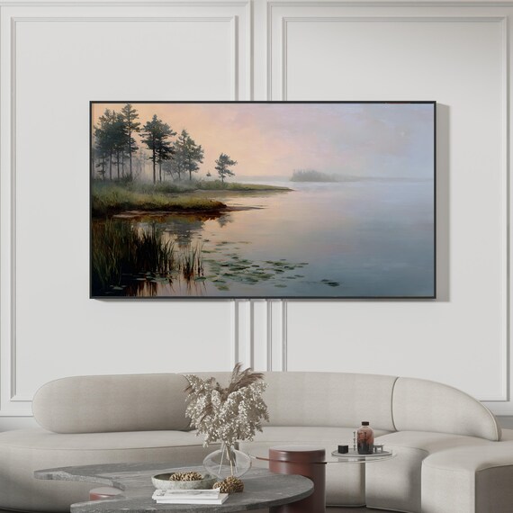 Moody Misty Lake Pine Forest Vintage Tranquil Landscape Poster