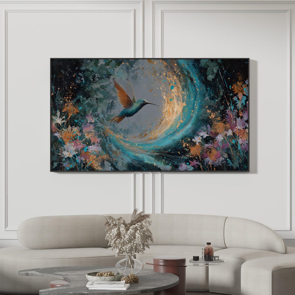 Abstract Hummingbird Teal Gold Floral Nature Painting Poster