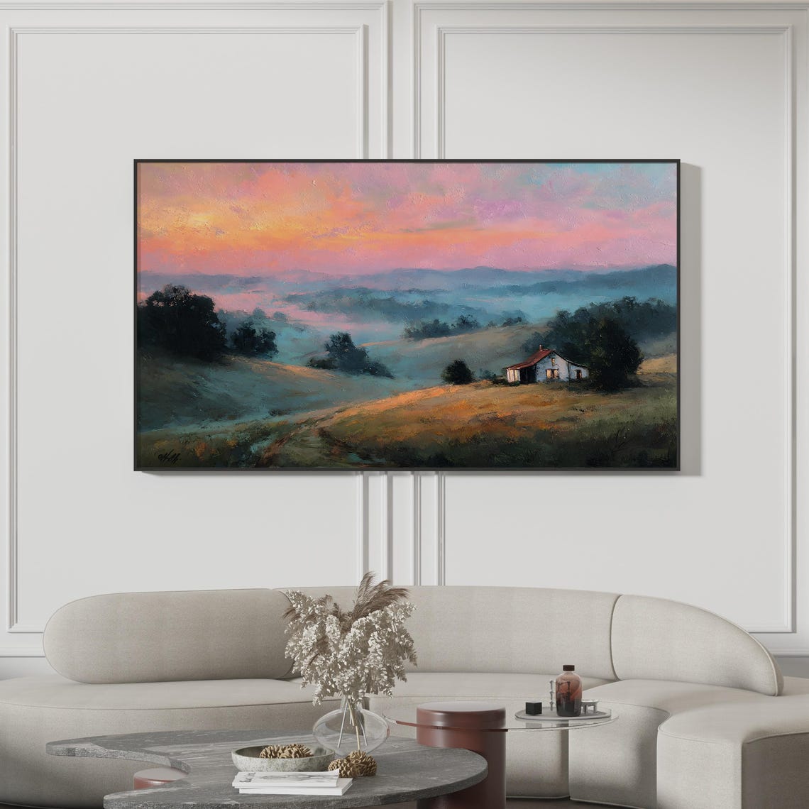 Pink Misty Countryside Cottage Sunset Hills Impressionist Print