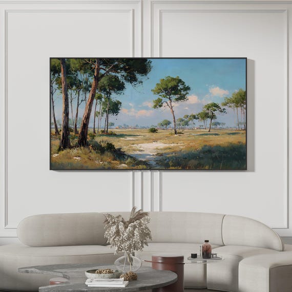 Pine Tree Landscape Painting Vintage Countryside Tv Art