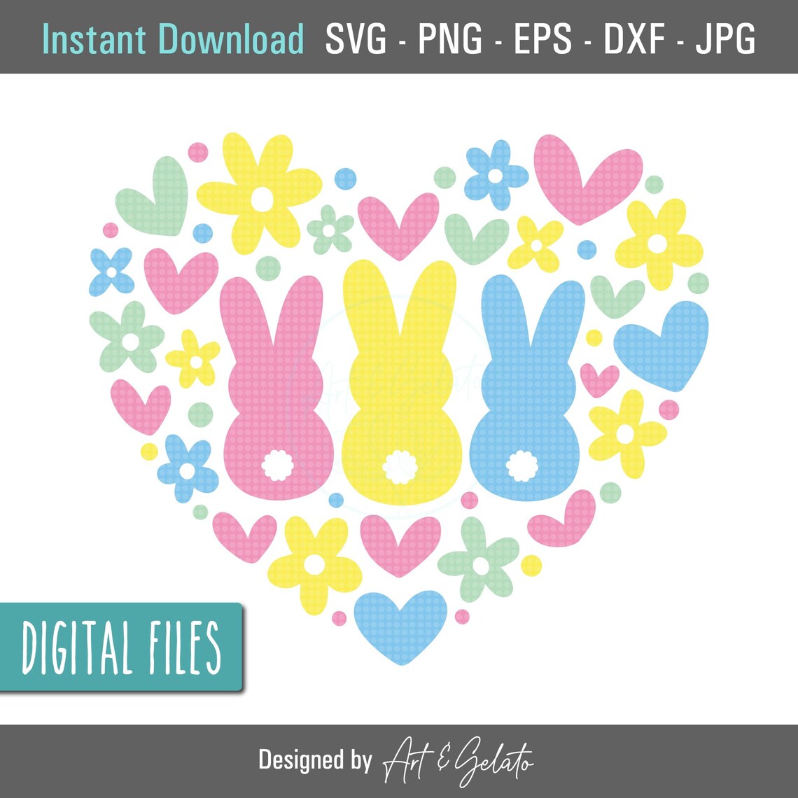 Floral Bunnies Heart, Spring Easter Art Print