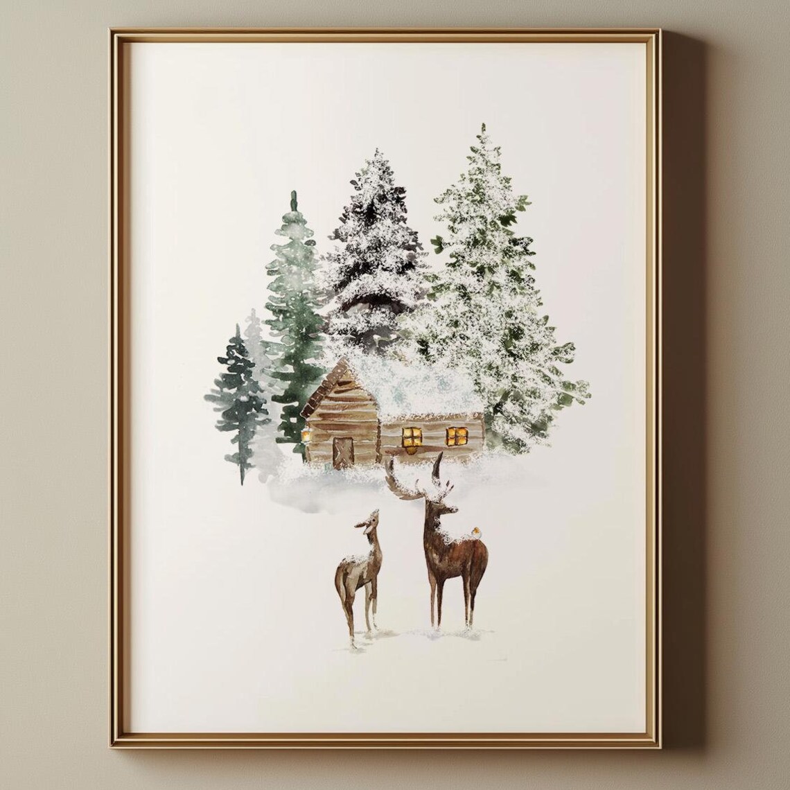 Snowy Cabin Doe and Buck Watercolor Rustic Winter Wonderland Art Poster