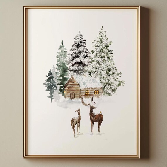 Snowy Cabin Doe and Buck Watercolor Rustic Winter Wonderland Art Poster