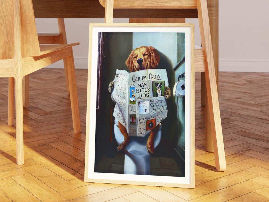 Funny Dog Bathroom Decor Toilet Humor Oil Painting Art - Image 2