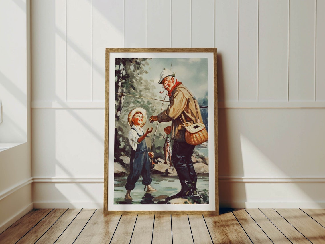 Vintage Fisherman and Boy Fishing Poster Classic Angling Scene
