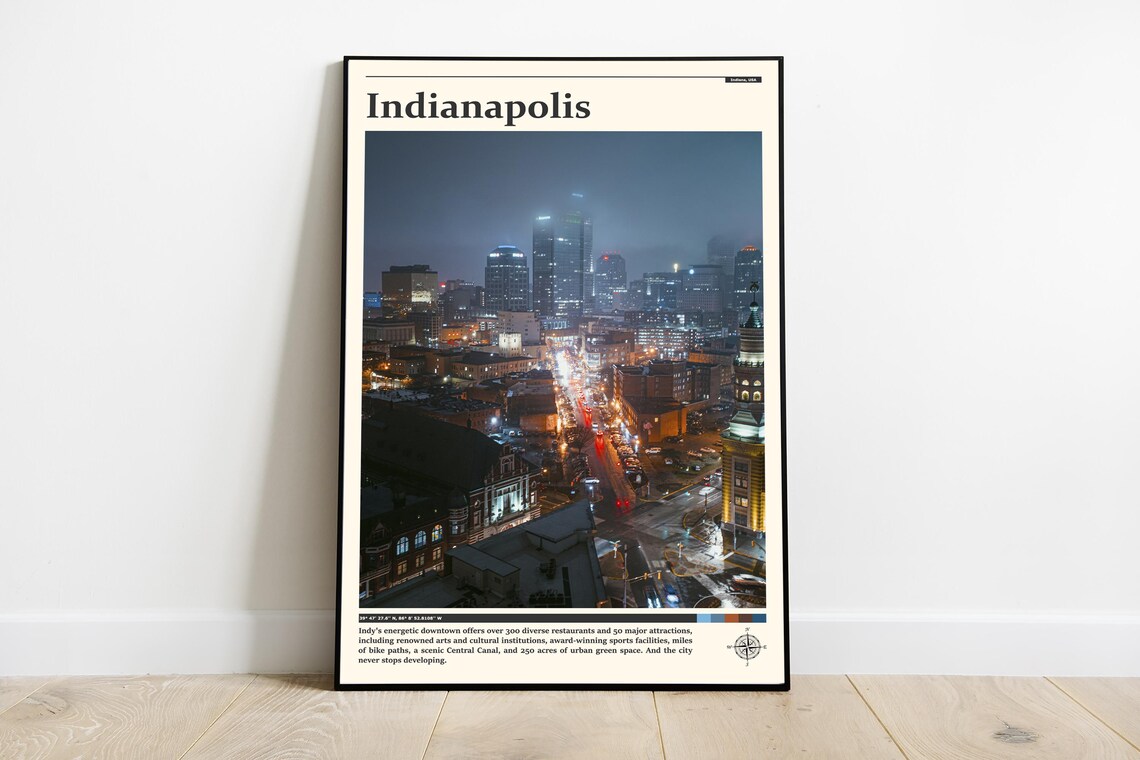 Indianapolis Downtown Night Skyline Aerial City Lights Indiana Poster