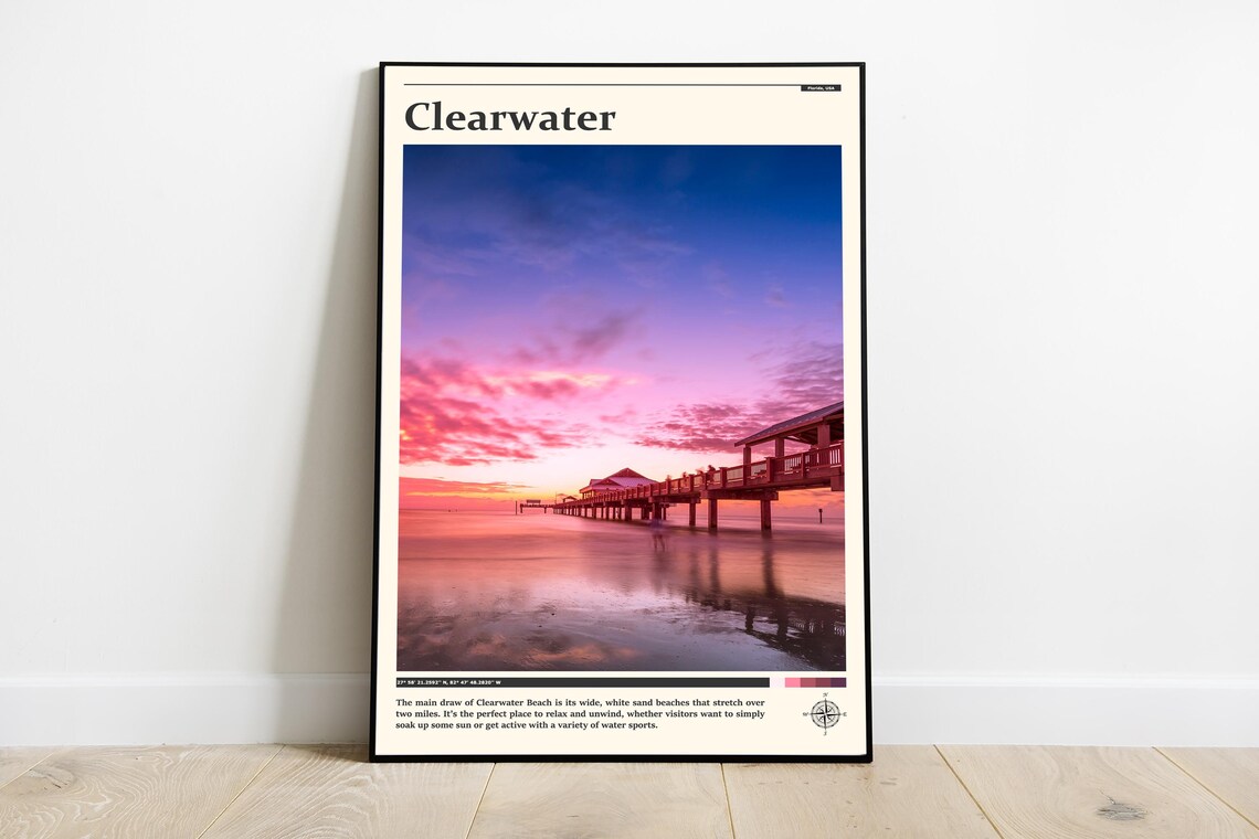 Clearwater Beach Florida Sunset Pier Pink Sky View Travel Poster
