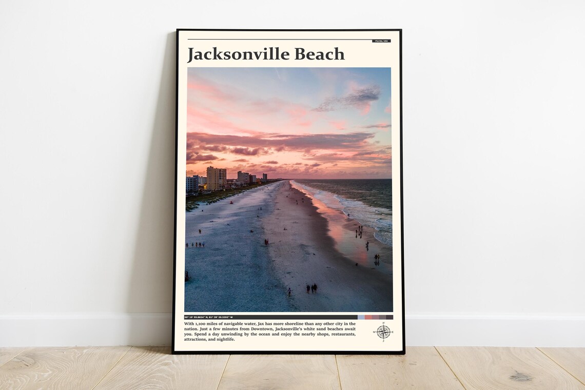 Jacksonville Beach Florida Pink Sunset Aerial Shore Travel Poster