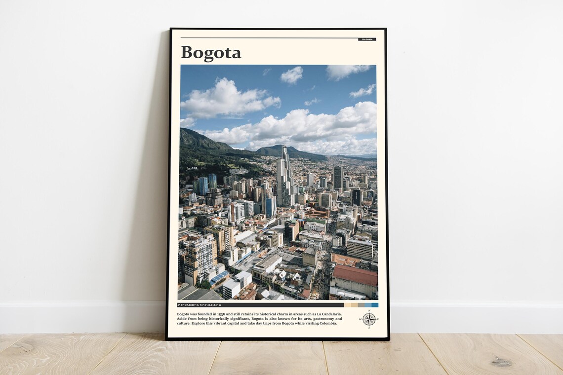 Bogota Colombia Downtown Skyline With Green Mountains Poster