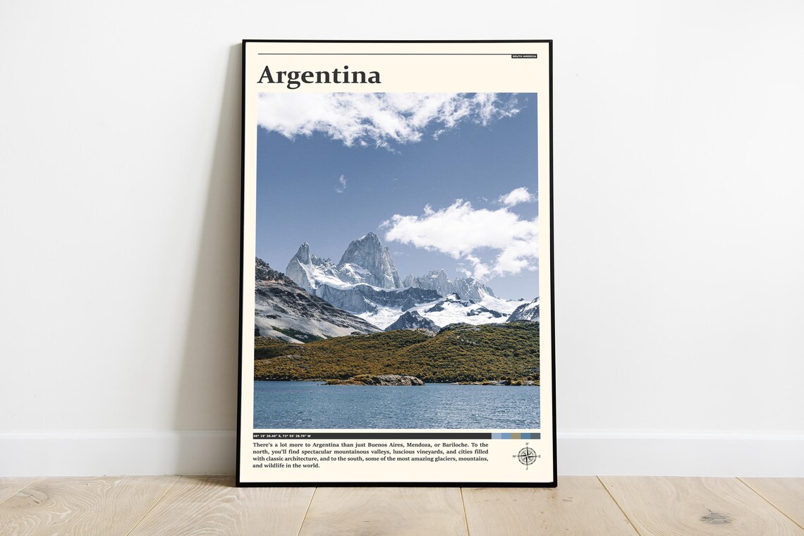Argentina Patagonia Snow Capped Peak Over Mountain Lake Poster