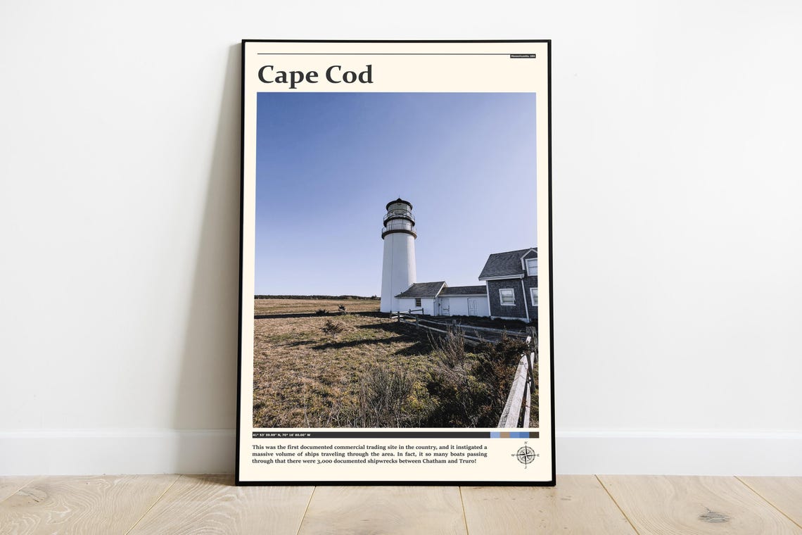 Cape Cod White Lighthouse on Dunes Under Clear Blue Sky Poster