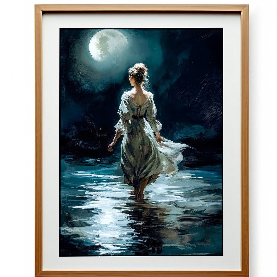 Victorian Woman in a White Gown Walking Through Moonlit Water Poster - Image 3