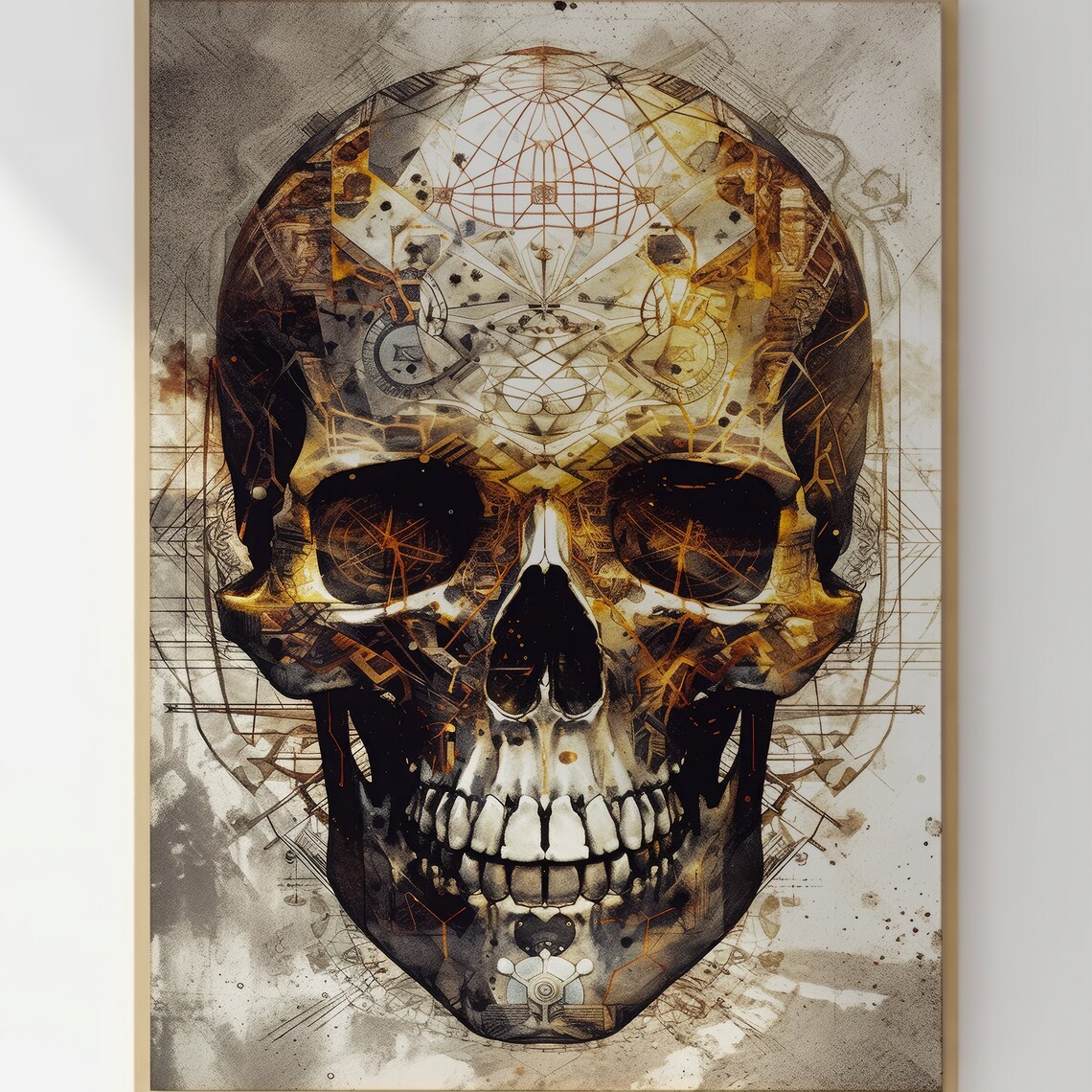 Mystical Golden Geometric Skull Poster with Steampunk Cosmic Design Art - Image 3