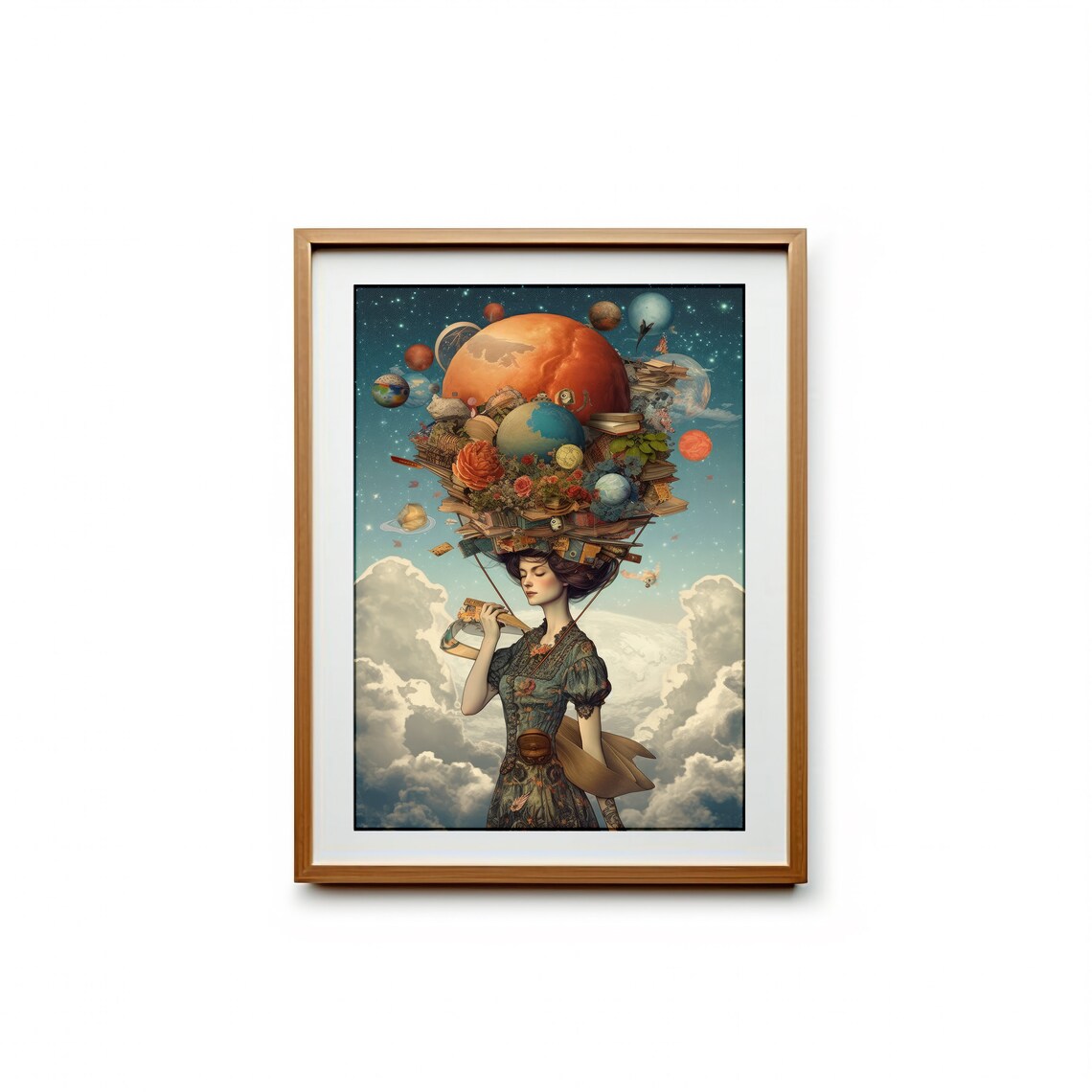 Dreamer Woman With Cosmic Planets Surreal Vintage Collage Art Print - Image 2